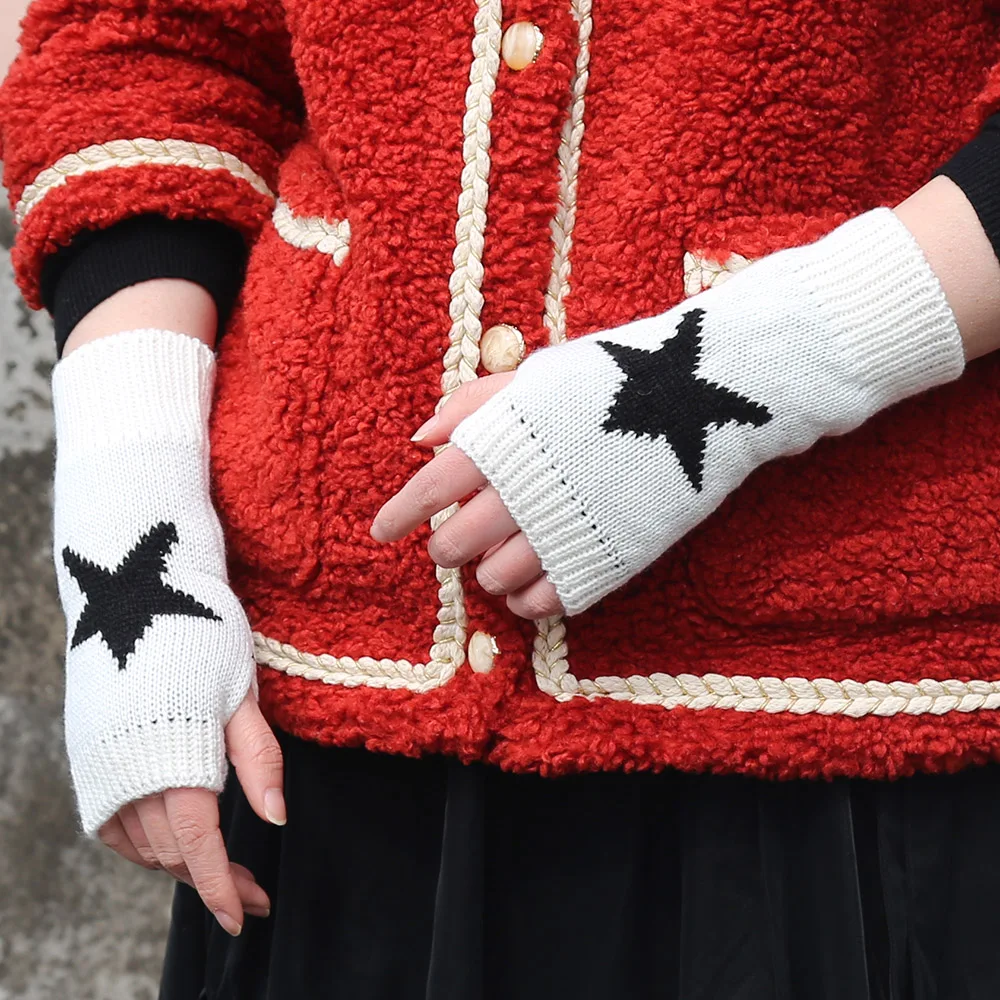 Guantes cálidos tejidos en blanco y negro para mujer, guantes sin dedos para otoño e invierno, manga para el brazo, accesorios informales de moda para niñas, mitones