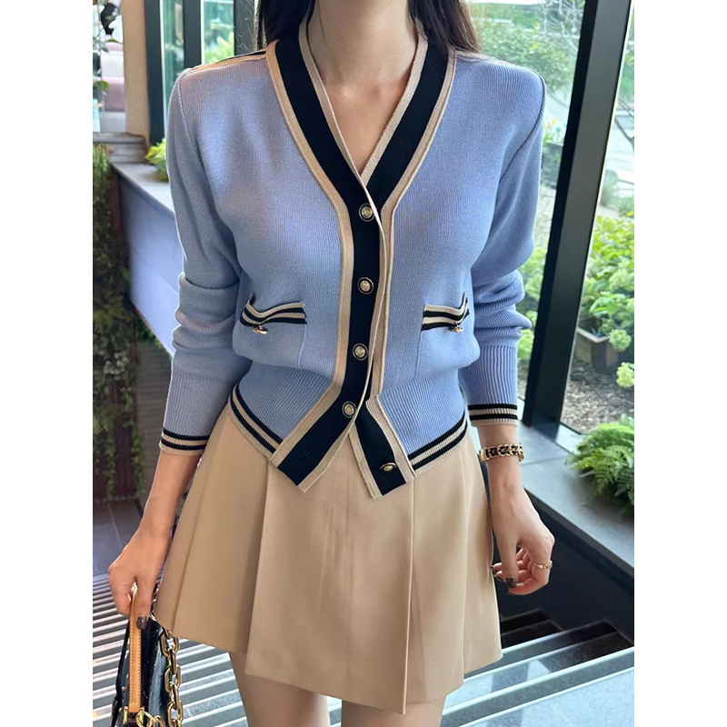 Chic Autumnal Vintage Small Fragrance Sle V-neck Single Button Color Block Versatile Slimming Long Sleeve Knitted Sweater J...