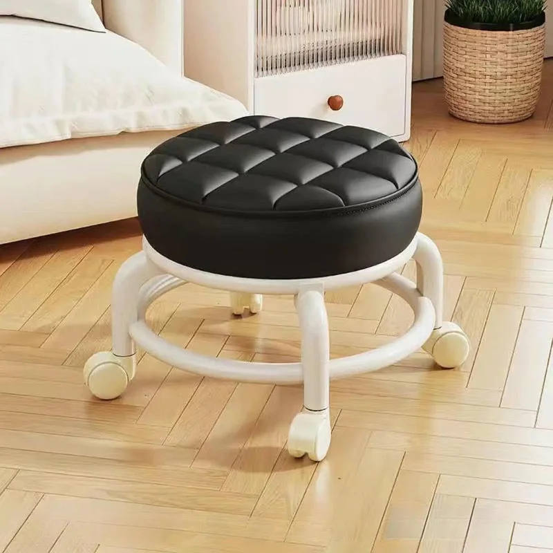 Sgabello con rotelle in pelle PU con ruote - Ottomano portatile rotondo resistente all'umidità, cuscino del sedile ispessito, sgabello a basso profilo per Vani