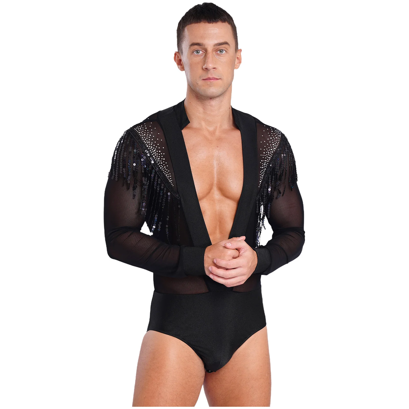 Herren-Body mit Strasssteinen, Hemd, Oberteil, durchsichtiges Netz, Pailletten, Quasten, tiefer V-Ausschnitt, lateinamerikanisches Tango-Tanztrikot, Performance-Kostüm