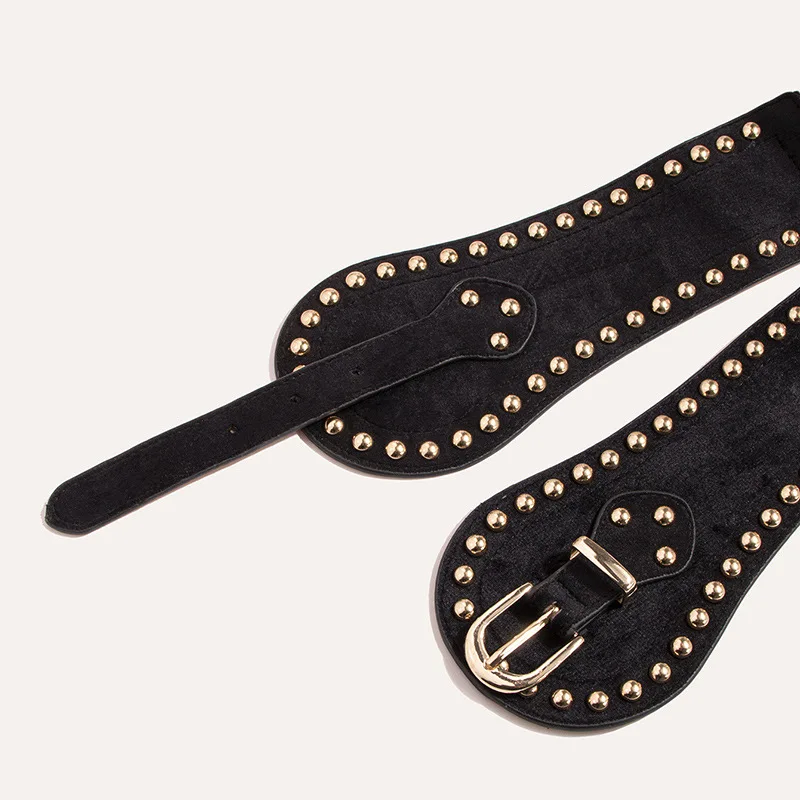 Cinturilla elástica con remaches de gamuza para mujer, cinturilla elástica ajustable de estilo occidental