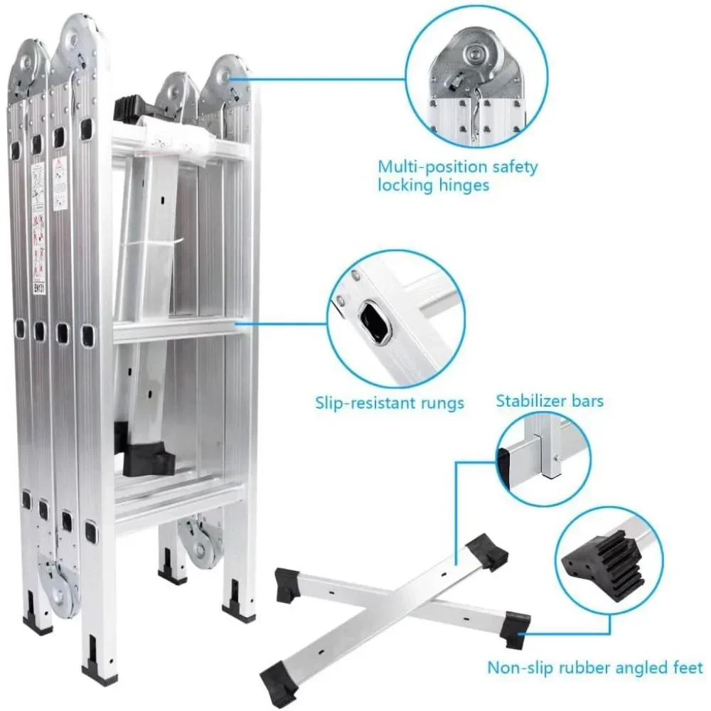 Folding Ladder, 12.5FT Multi-Purpose Aluminium Extension, 7 in 1 Heavy Duty Collapsible Ladder, 330LBS Capacity Step Plat