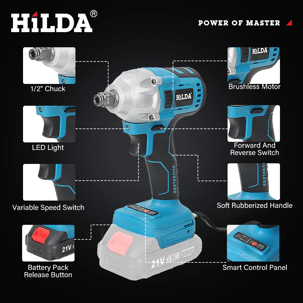 HILDA 18V 블루 브러시리스/브러시 전기 임팩트 렌치 Makita 배터리 용 충전식 1/2 소켓 렌치 무선