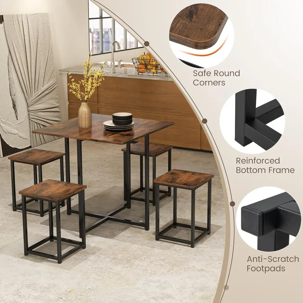 Compact Dining Table Set for 4, Small Kitchen Table Set with Square Stools and Metal Frame, Perfect for Small Spaces
