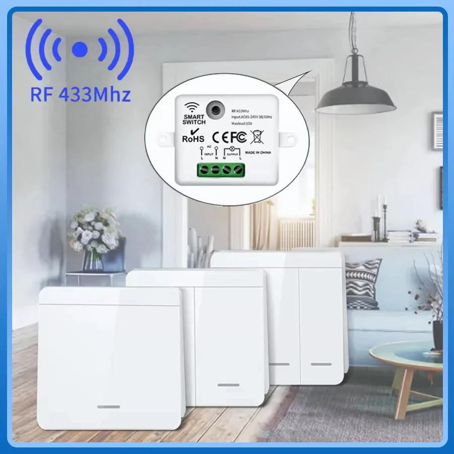 433MHz 1/2/3Gang 86 Interruptor de Panel de pared Interruptor inteligente inalámbrico de luz con Interruptor de Control remoto 10A 110V 220V para lámpara LED