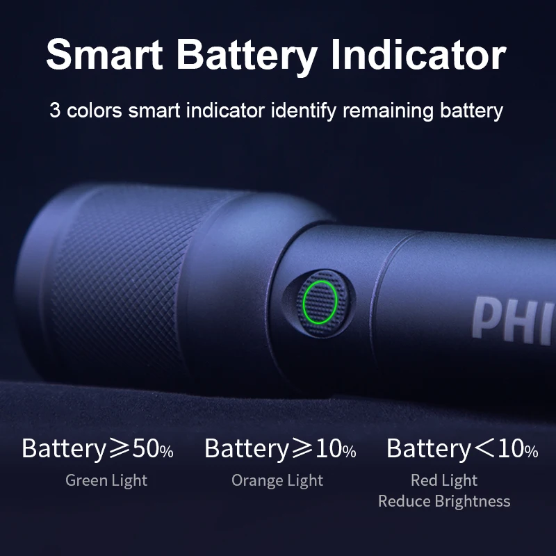 Linterna portátil con zoom óptico Philips con 4 modos de iluminación USB C recargable para acampar autodefensa