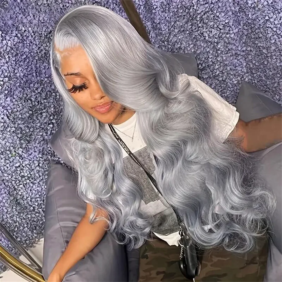 13x6 Parrucche Anteriori Del Merletto di Colore Grigio Argento Per Le Donne 613 Bionda Dell'onda Del Corpo di Remy Parrucca Frontale Del Merletto Trasparente Dei Capelli Umani Pre Pizzicate