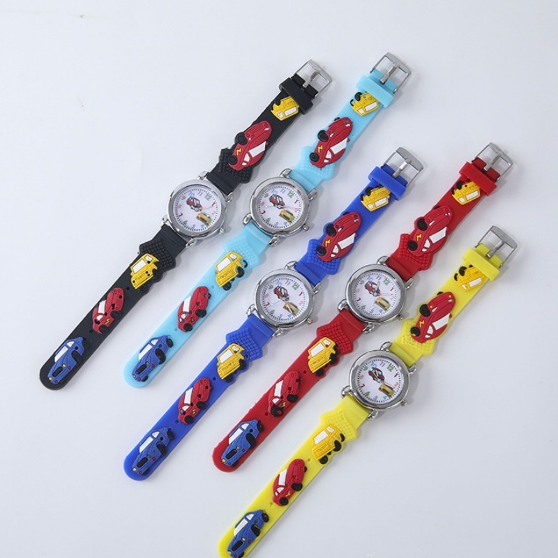 Mode Kleur Cartoon Auto Kinderhorloge Basisschool Jongen Kinderhorloge 3D Siliconen Band Cadeau