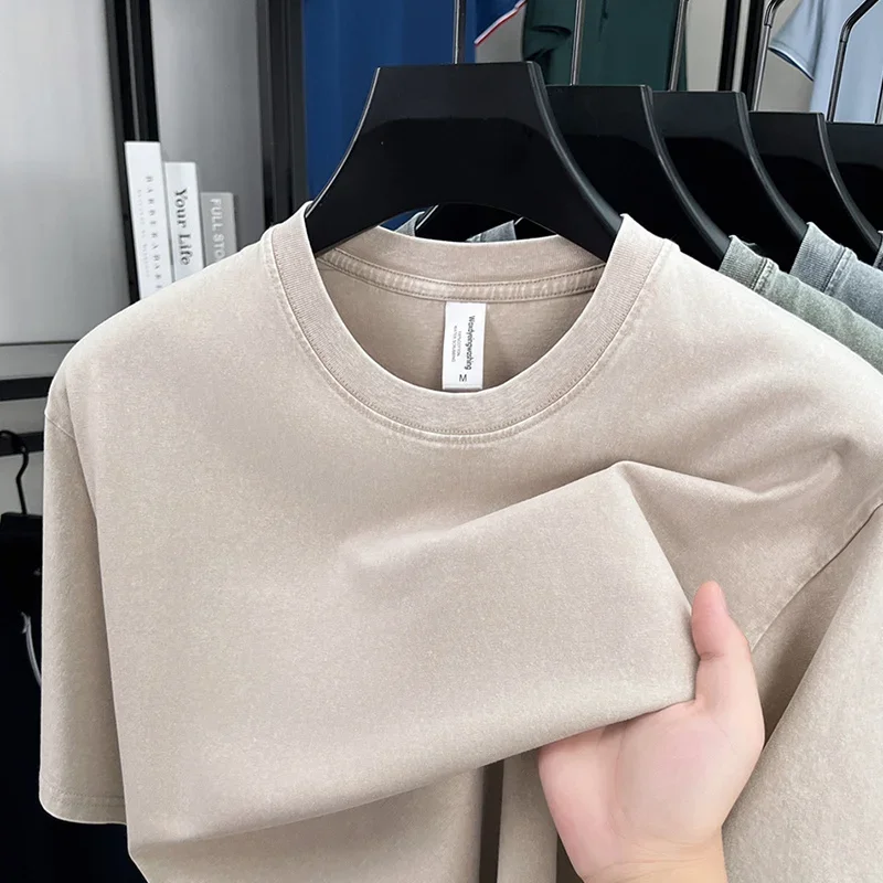 アメリカンスタイルのレトロなヘビーウェイト無地半袖 Tシャツ男性女性夏のストリートトレンディな洗浄古い特大服
