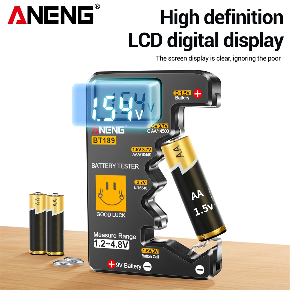 ANENG BT189 ดิจิตอลเครื่องทดสอบแบตเตอรี่ในครัวเรือนจอแสดงผลแบบพกพาทดสอบ 9V AA AAA C D ปุ่มเซลล์ Universal Power Instruments เครื่องมือ