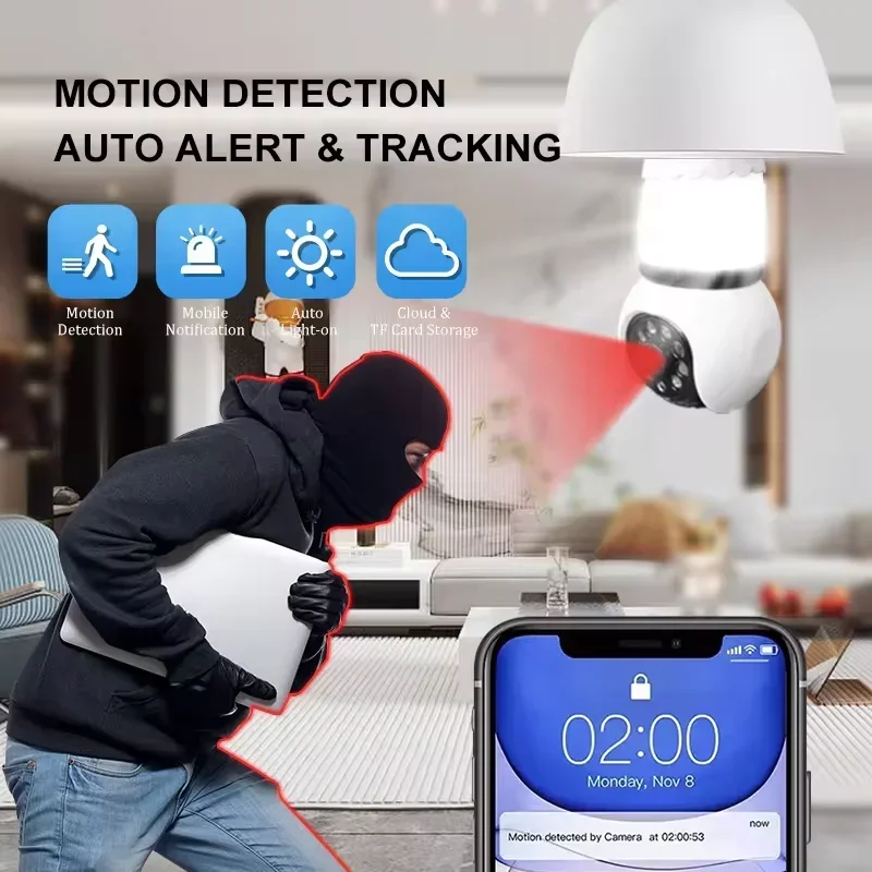 8MP Lamp Bulb WiFi Camera E27 LED Bulb Smart IP Camera Surveilance Two-way Audio Color Night Vision 360° Panoramic AI Tracking