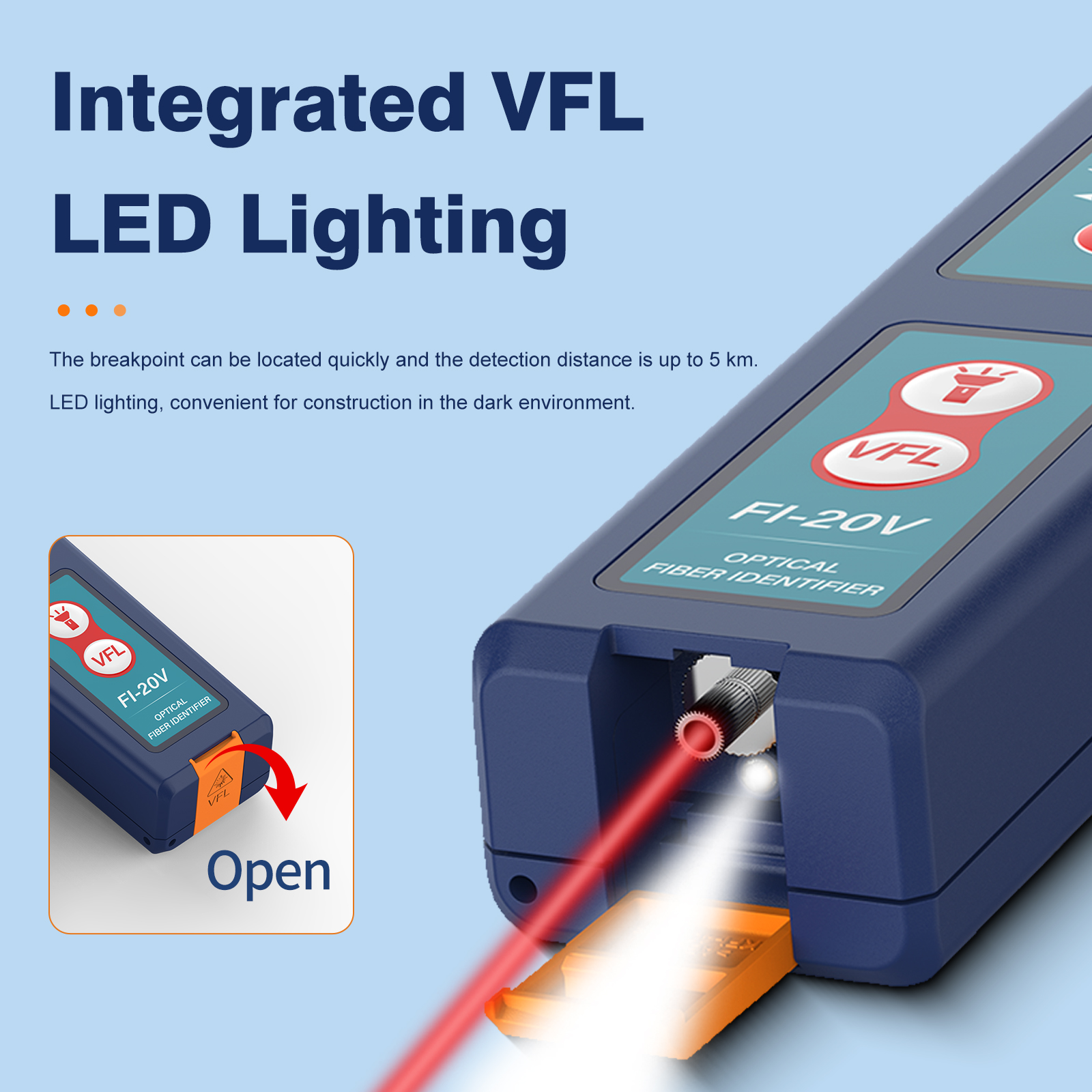 Komshine identificador de fibra óptica de alta precisão FI-20V identificador de fibra neutra ao vivo com 10mw vfl detector de distância de até 5km