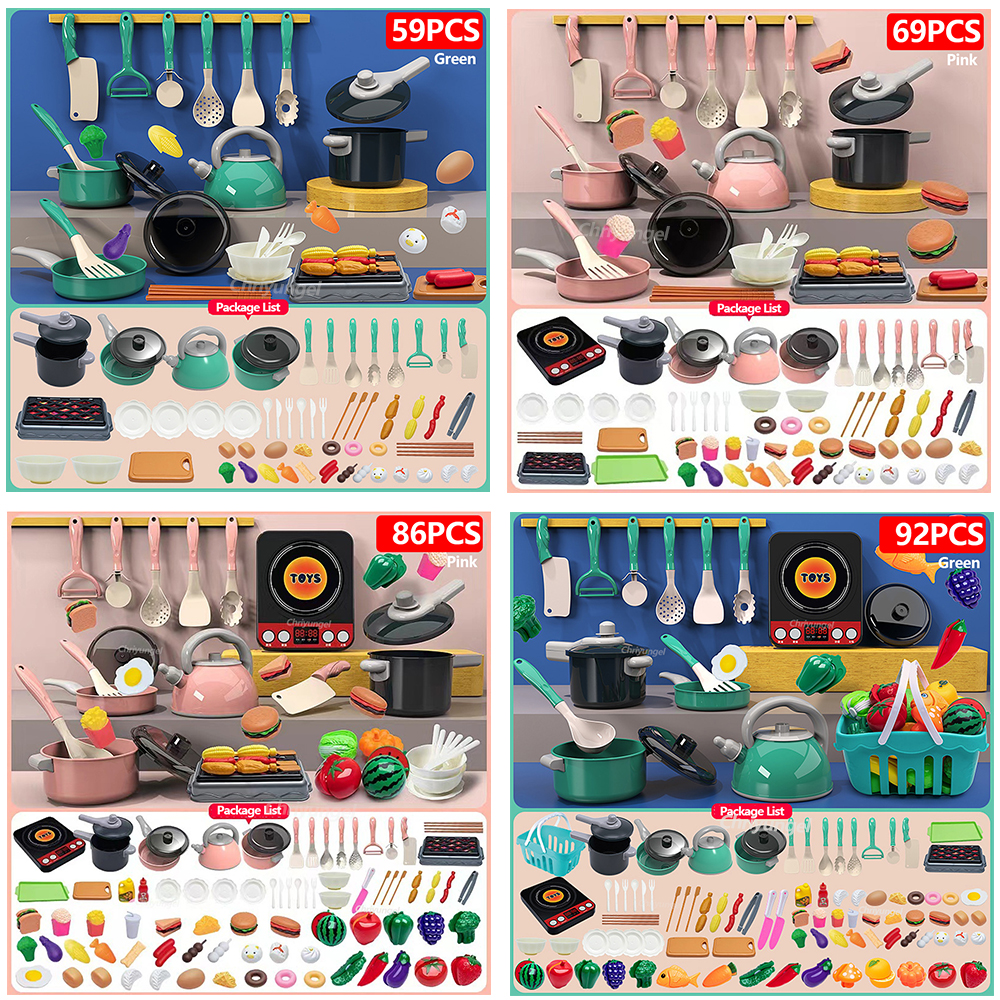 Conjunto de brinquedos de cozinha para crianças, 92/86/69/59 peças, kit de acessórios de cozinha com panelas, comida de fingir, brinquedo de cozinha, presente para meninos e meninas