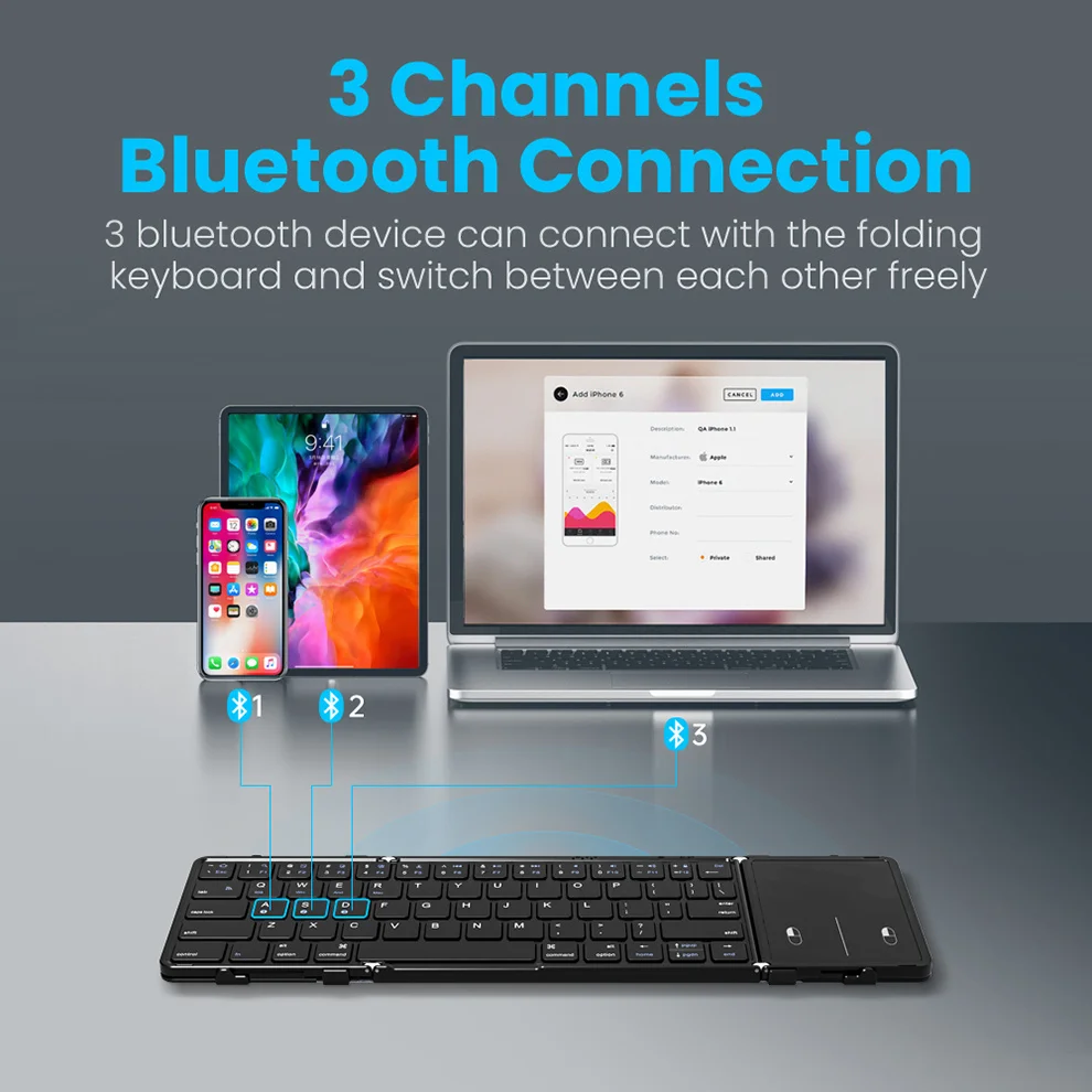 Zusammenklappbare Bluetooth-Tastatur mit Touchpad, kabellose faltbare Tastatur mit PU-Leder für iOS, Android, Windows, unterstützt 3 Geräte