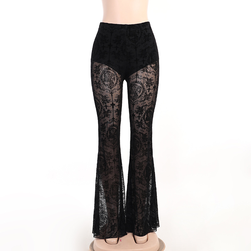 Goth escuro vintage reunindo shopping gótico sexy alargamento calças grunge ver através de malha cintura alta calças femininas punk magro alt roupas