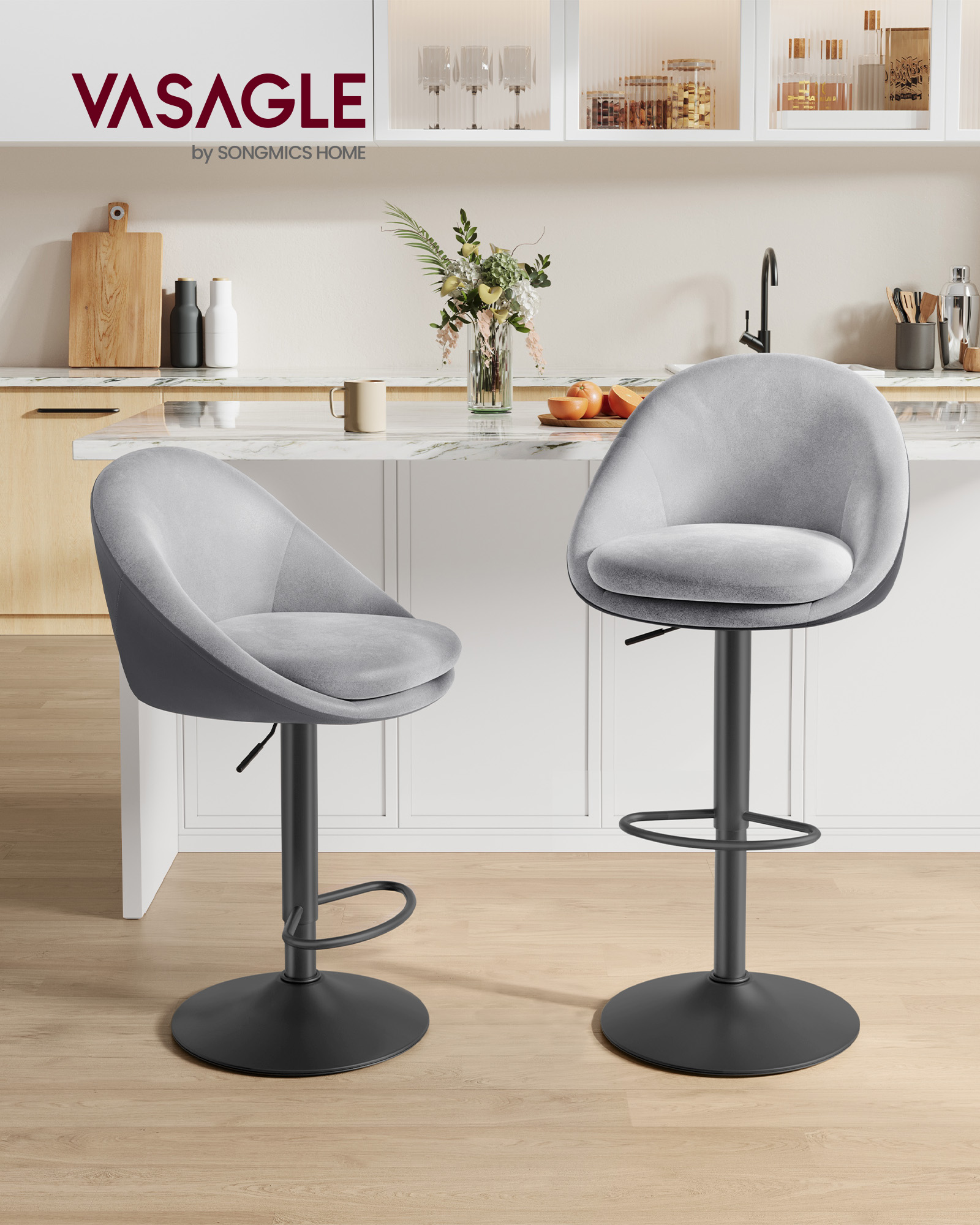 VASAGLE Tabouret de Bar, Lot de 2, Chaise de Cuisine, Réglable en Hauteur, Pivotant à 360°, avec Dossier, Socle, Repose-Pieds, Acier, pour Comptoir, Bar, Salle à Manger