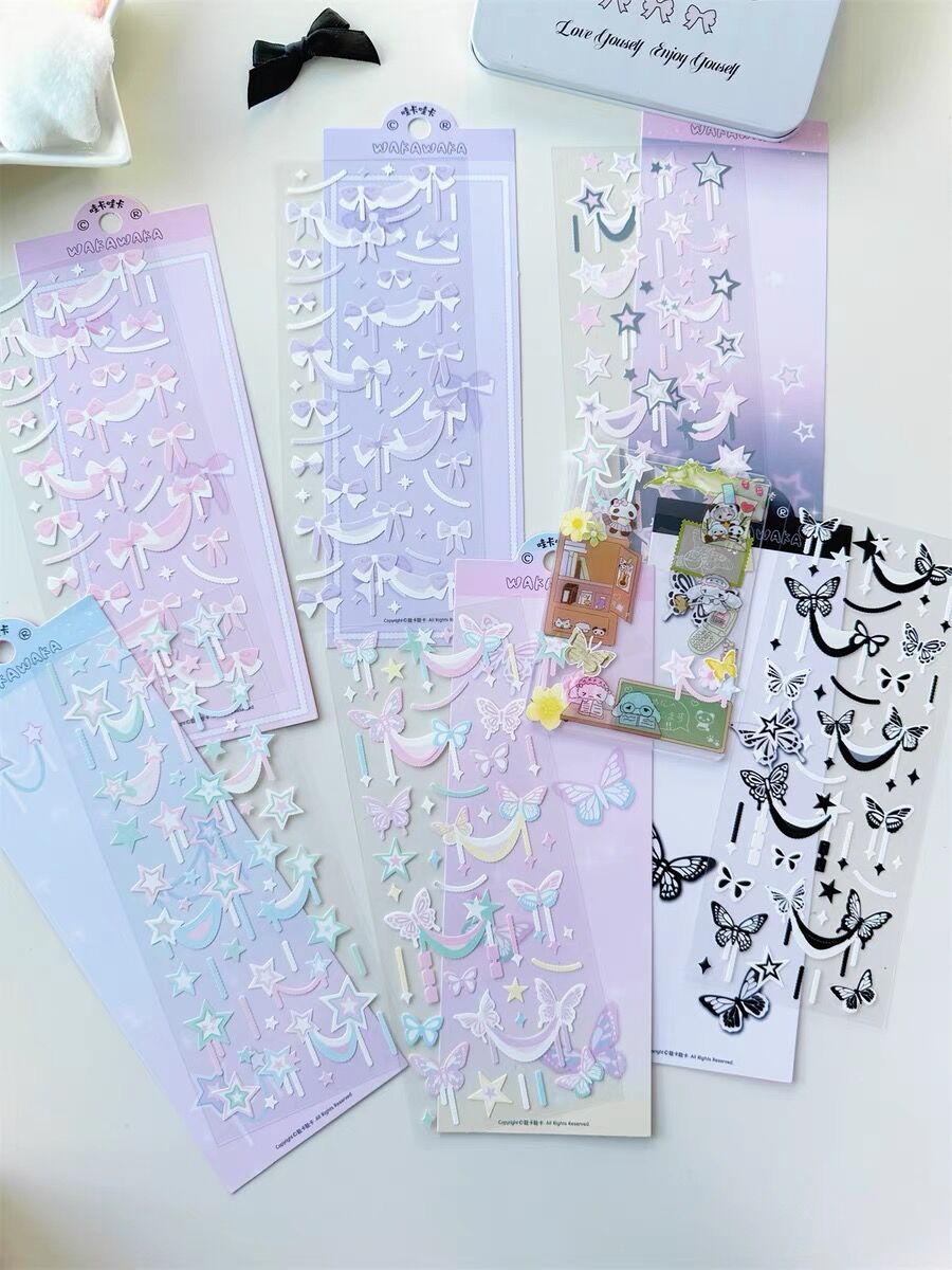 MINKYS มาใหม่ 3pcs 6pcs Kawaii หมีริบบิ้นเลเซอร์ Bling สติกเกอร์ DIY สมุดภาพสติกเกอร์ Confetti ตกแต่ง DIY กรอบรูป