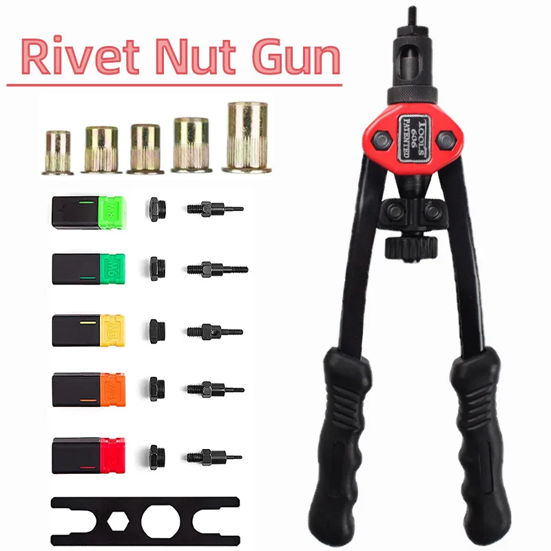 Pistola de porca de rebite de mandril BT-606, kit de ferramentas de configuração de porca de rebite resistente manual, ferramenta de rebitador rosqueado, rebitador de mão de inserção rosqueada M3-M8