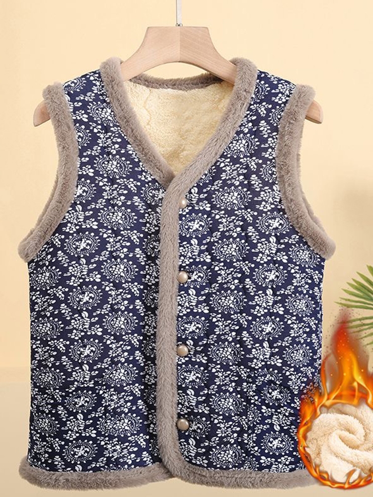 Women's Fleece Lined Slim Fit Vest Thickened Autumn Winter Inner Wear V Neck Print Polyester Fiber Warmth Backless Top