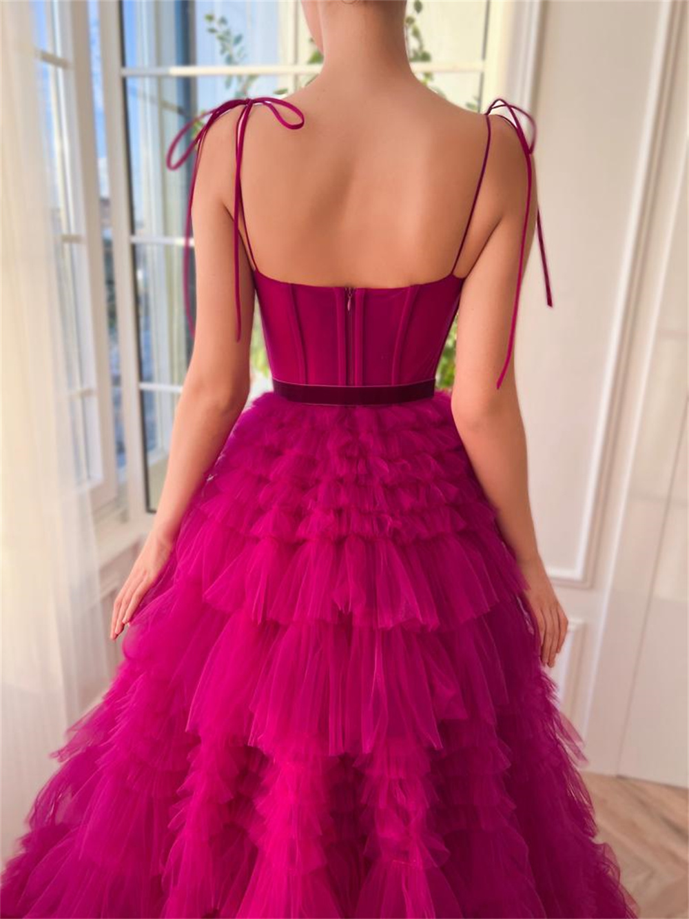 Sansa Sexy Spaghetti Strap Fuchsia فساتين السهرة Multilayer Tulle A-line Customized Prom Dress Princess Puffy Vestidos De Noche
