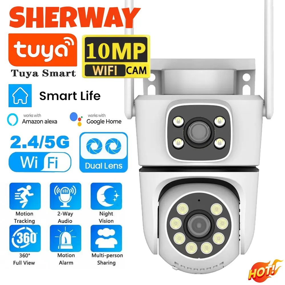 Cámara PTZ Tuya 5G Wifi de 10MP, lente Dual 4K, cámara de seguridad de pantalla Dual, detección humana, vigilancia inalámbrica para exteriores, cámara con Zoom 10X