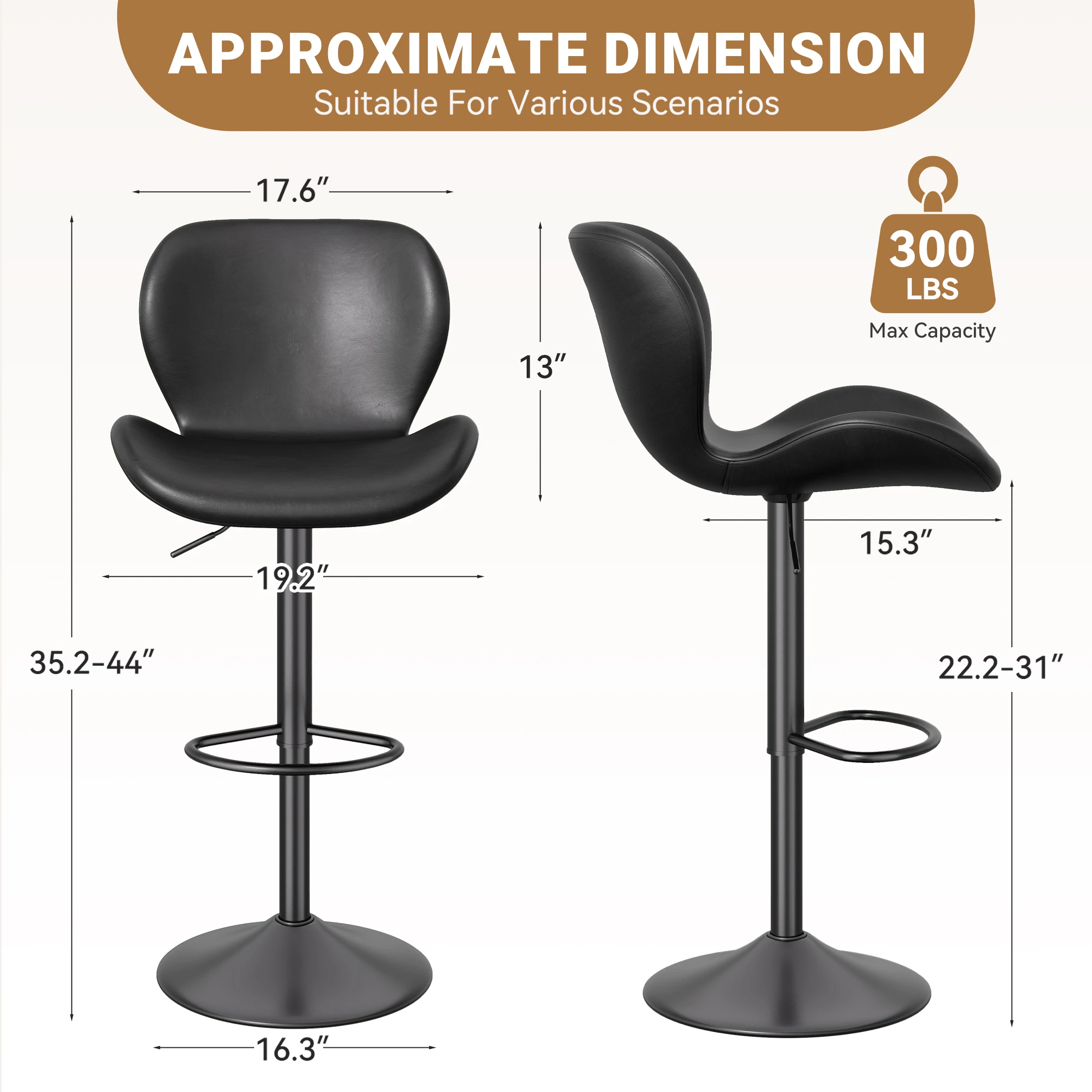 2Pcs Swivel Bar Stools, PU Leather Upholstered Barstools with Back & Footrest, Seat Adjustable Height，  For Bar Kitchen Island