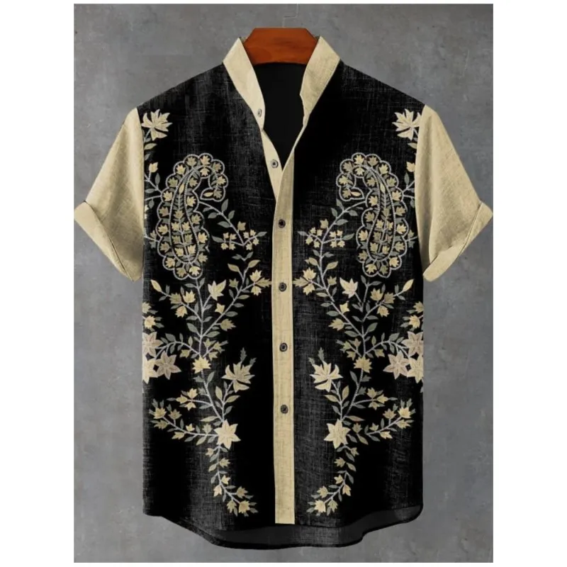 Retro tribal totem padrão impressão de linho masculino moslim kleding heren tecido camisa de manga curta casual rua tendência camisa casual