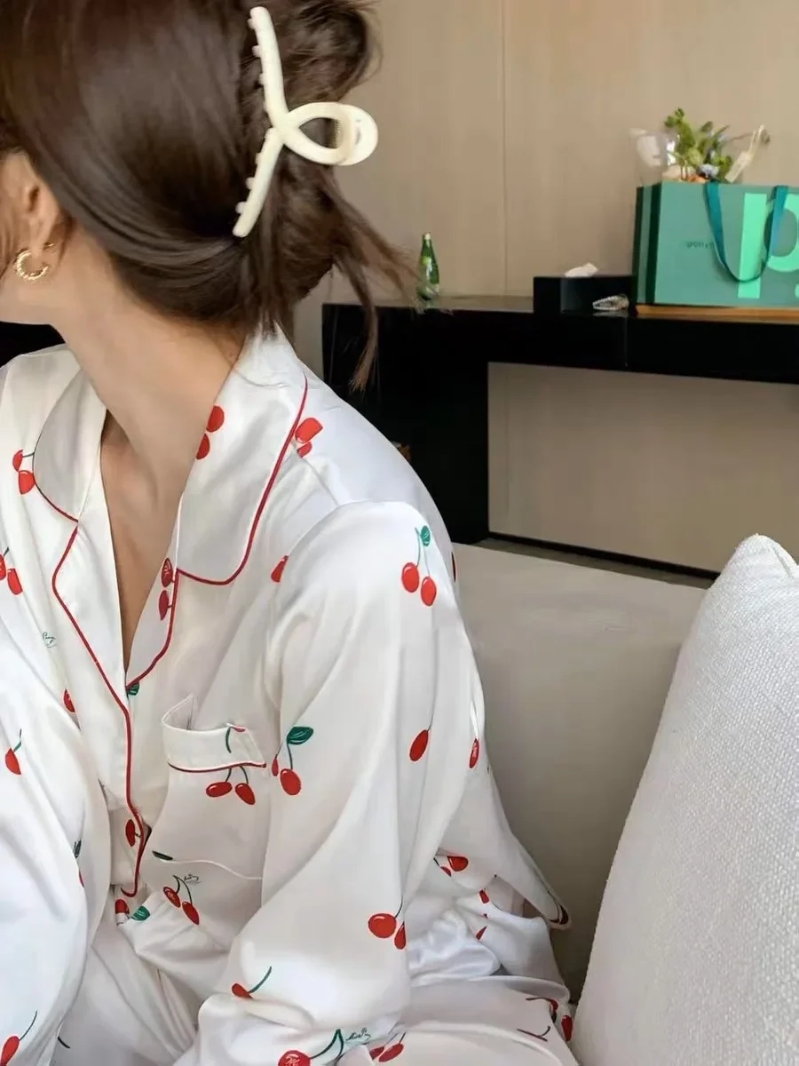 2023 春秋の新アイスシルク 2 ピースパジャマ女性のファッションカーディガン女性のパジャマ甘い印刷部屋着女性セット