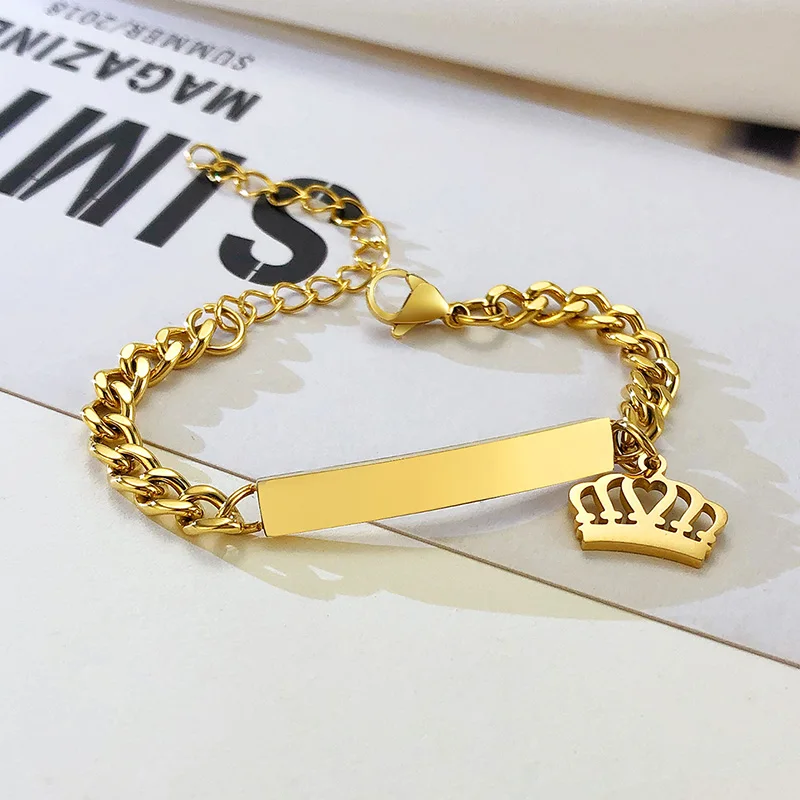 Pulseira de identificação com nome personalizado, presentes para meninos e meninas, pulseira de coroa de elo de corrente de aço inoxidável não alérgica