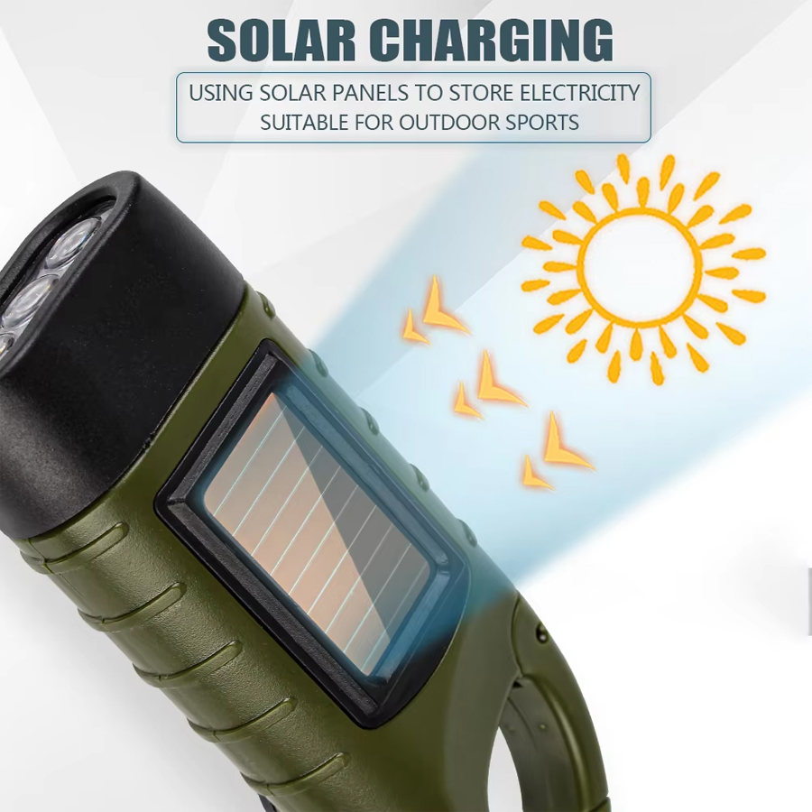 New upgrade 3LED Portable Outdoor Hand Crank Solar Powered Flashlight For Fishing Hiking With Folding Buckle Emergency Lamp