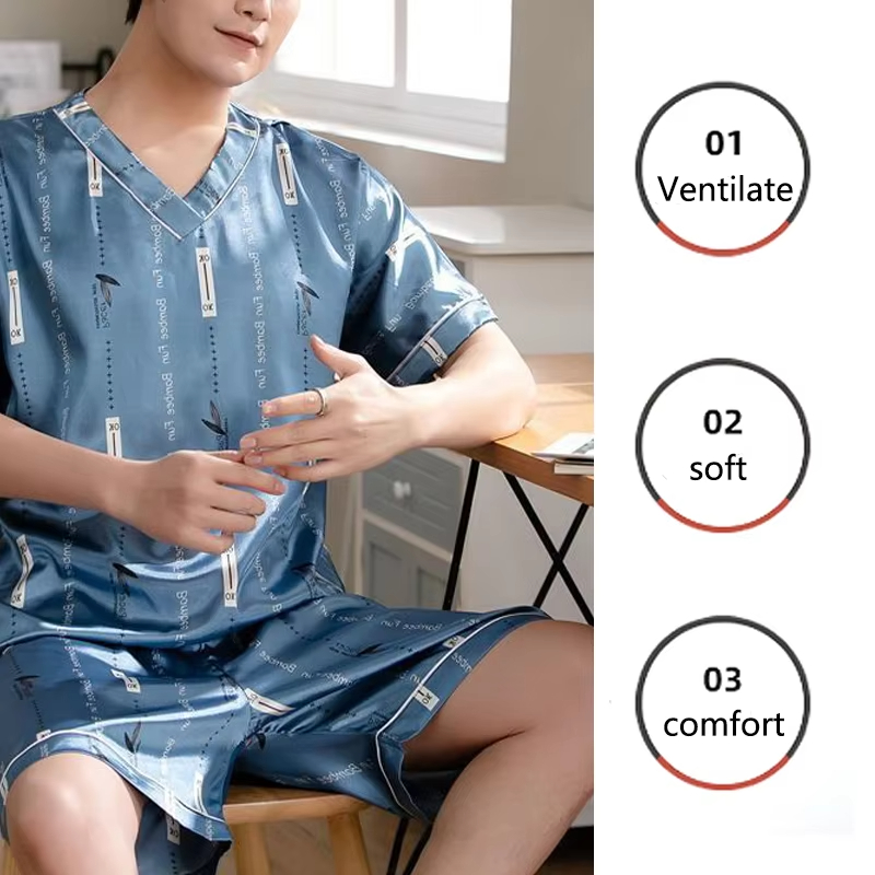 Pajamas Men Ice Silk Thin Short-Sleeved Two-Piece Suit Korean Version of the Loose Large Size Men Home Clothing with Letters
