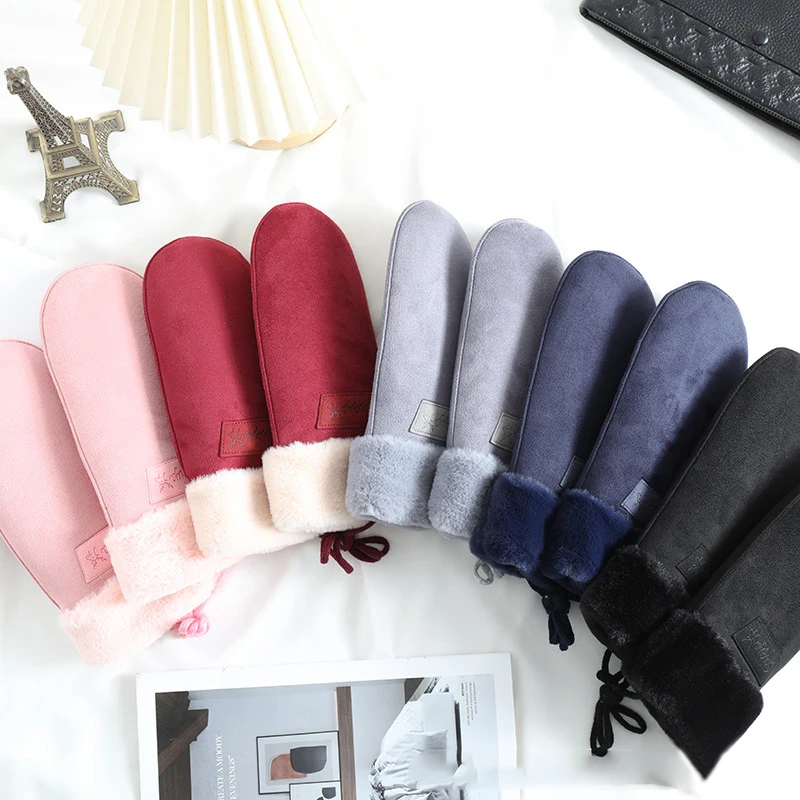 ผู้หญิงฤดูหนาวอุ่นหนาขนแกะ Suede Halter ถุงมือน่ารักน่ารัก Sweety เย็นป้องกัน Mittens