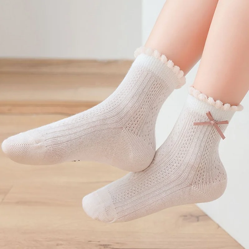 5 par/lote de calcetines bonitos para niños y niñas, calcetines de algodón liso de princesa para niños, calcetines informales de malla fina con dibujos de flores para verano