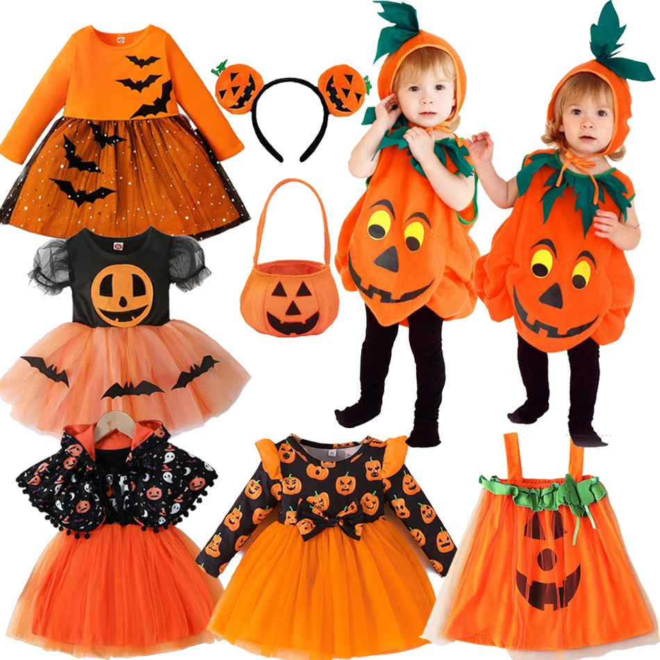 Baby Girl Halloween Pumpkin Children Costume Cosplay Kids Children Dress Clothing Set Headband Pumpkin Bag