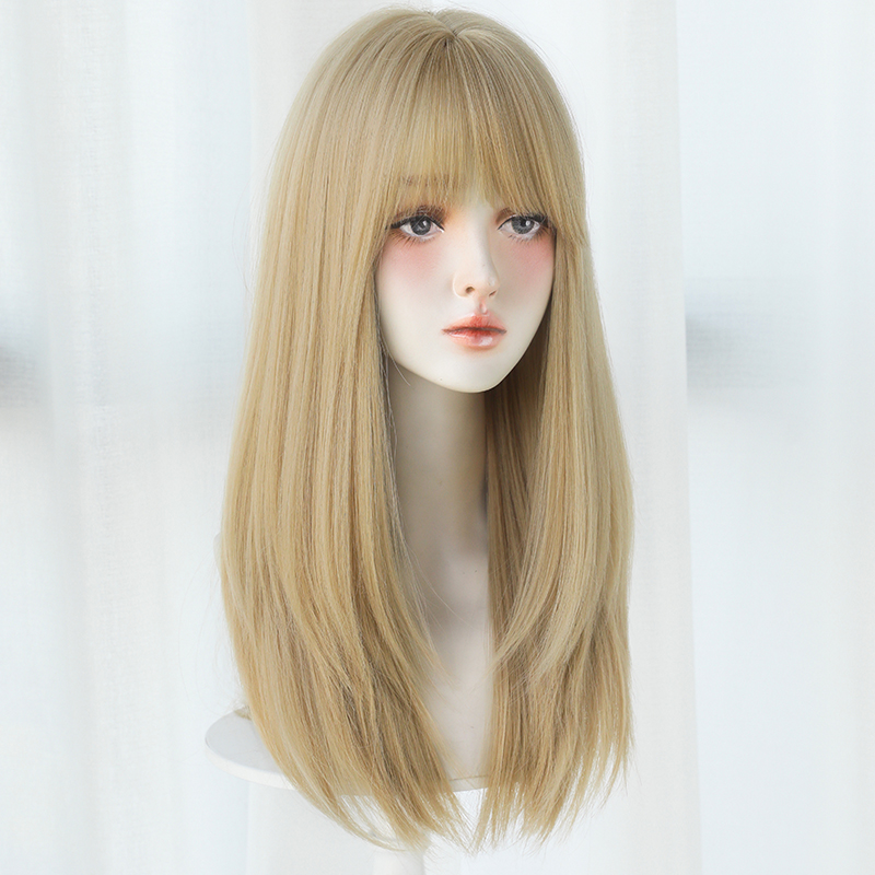 ตรงวิกผมสีบลอนด์กับ Neat Bangs ความหนาแน่นสูงสังเคราะห์ธรรมชาติวิกผมปลอมสําหรับผู้หญิง Daily COSPLAY PARTY Wigs