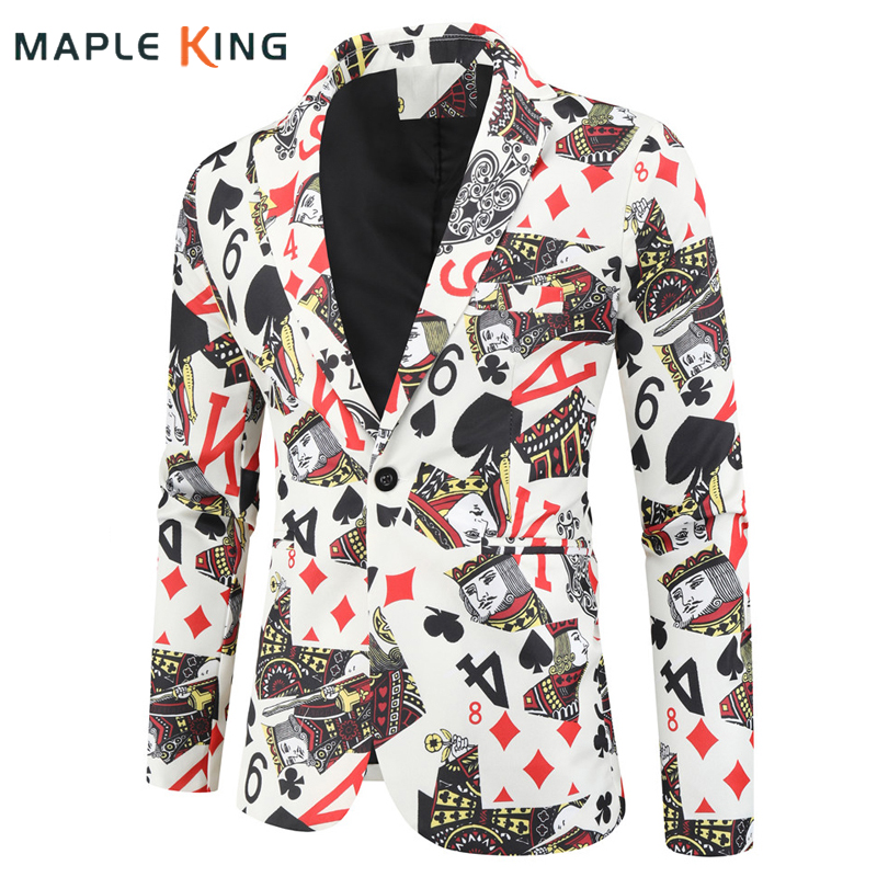 Karty do gry Poker Print Funny Mens Blazer Jacket 2020 Korean Fashion Party Prom Costume Homme Men's Vintage Suit Blazer Hombre