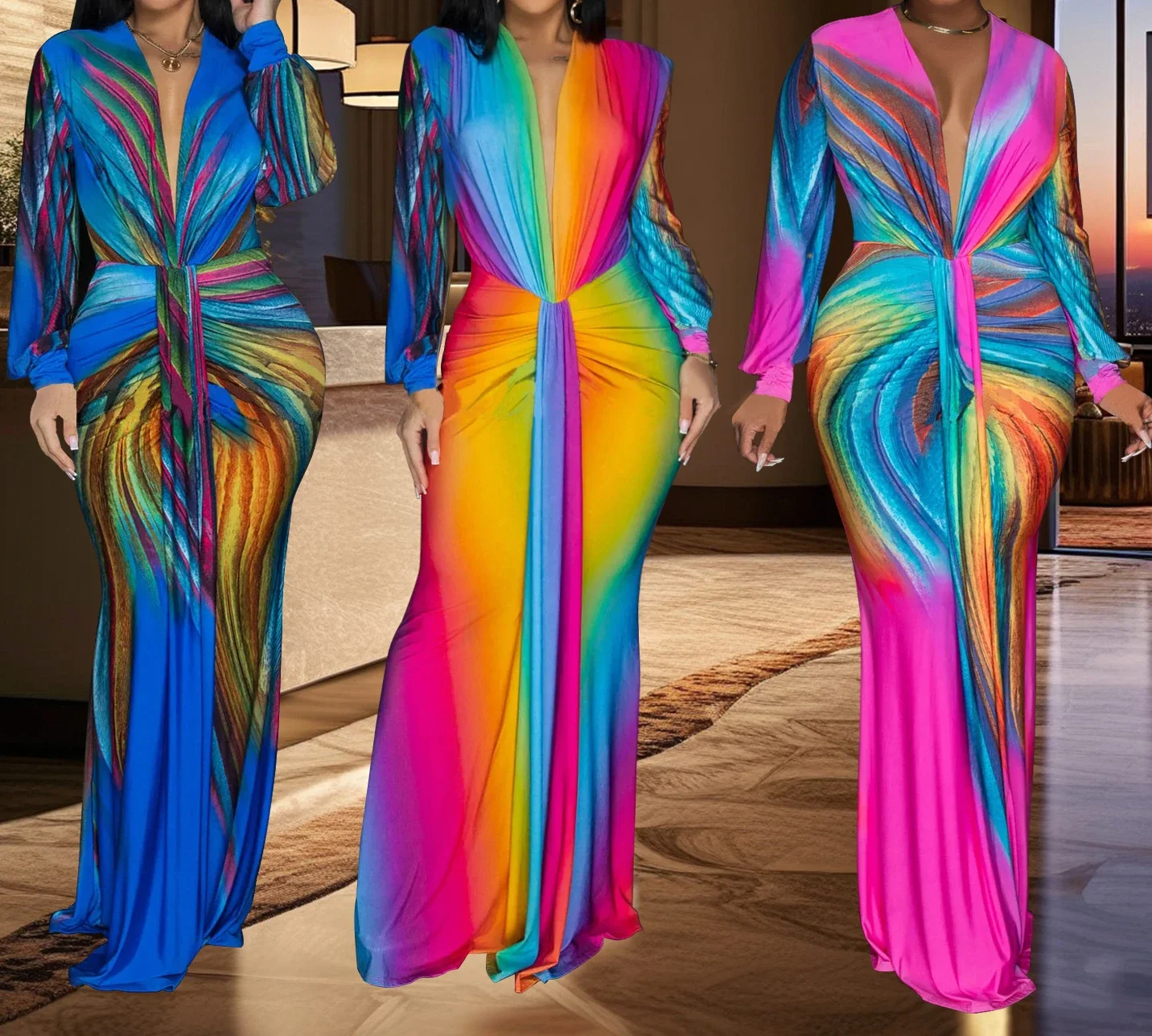 Vestido largo de manga larga para vacaciones de verano, Vestido largo fruncido con estampado degradado para mujer, Vestido elegante de noche para fiesta, vestidos de graduación HXY1986