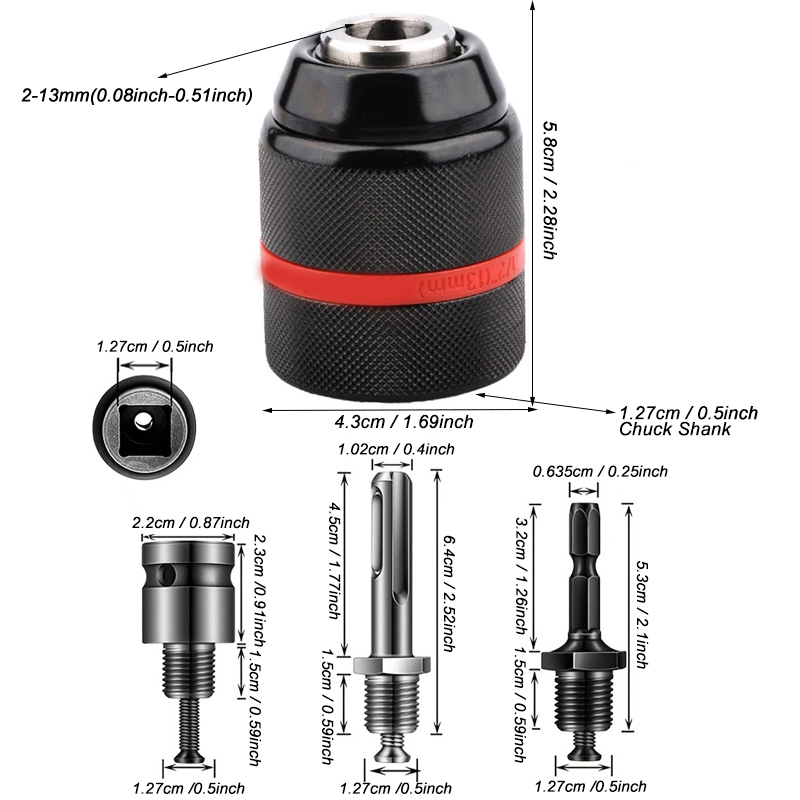 4 pçs/set, mandril de broca sem chave de metal rosqueado de 2mm ~ 13mm, mudança rápida 1/2-20UNF, haste de conversão (exagonal/SDS-Plus/adaptador quadrado de soquete)