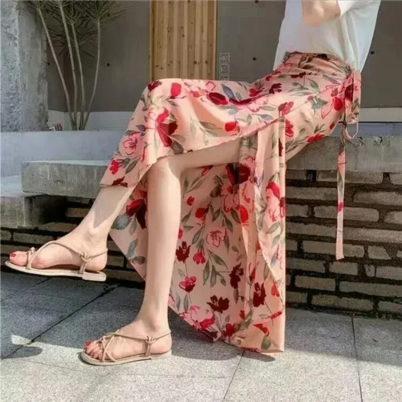 Gonna floreale da spiaggia estiva per donna Gonna lunga avvolgente in cotone a vita alta lunga con spacco laterale e dettaglio cravatta Design stile Boho