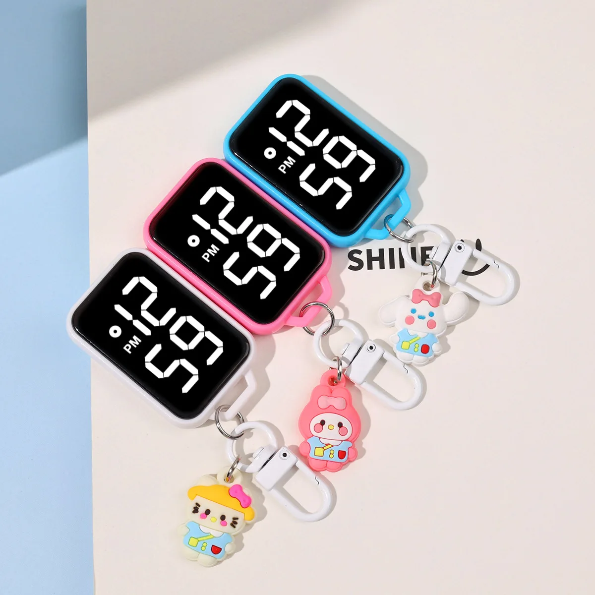 Quadratische große LED-Elektronikuhr mit Cartoon-Anhänger, kleine hängende Uhr, Touch-Display, digitale Anhängeruhr