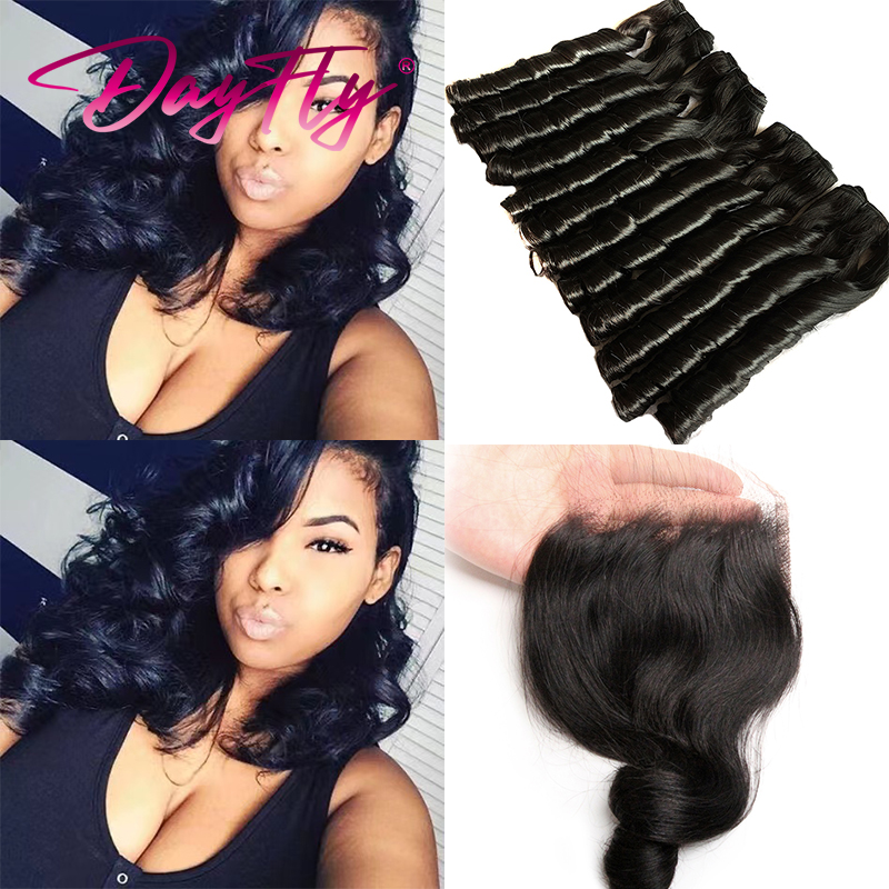 Tissage en Lot Brésilien Naturel avec Closure, Extensions de Cheveux Humains, avec Dentelle Suisse, Ombré, 4 Lots