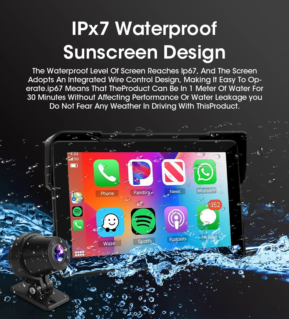 5 7 Zoll tragbare Motorrad DVR LCD-Display IPX7 wasserdichten Monitor für drahtlose Apple Carplay Android Auto Moto Auto spielen