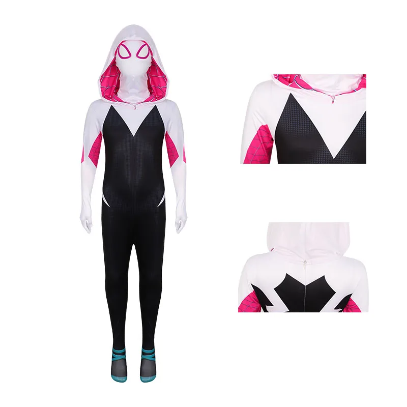 성인 어린이를위한 Gwen Stacy 코스프레 바디 슈트 의상 할로윈 Zentai 3D Spider Gwen with Mask Jumpsuit