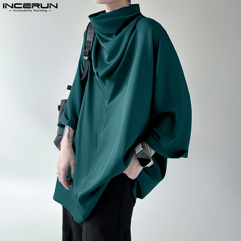 Incerun-男性用の不規則なカジュアルシャツ,タートルネックの衣服,長袖,ルーズフィット,無地,ファッショナブル,3/4