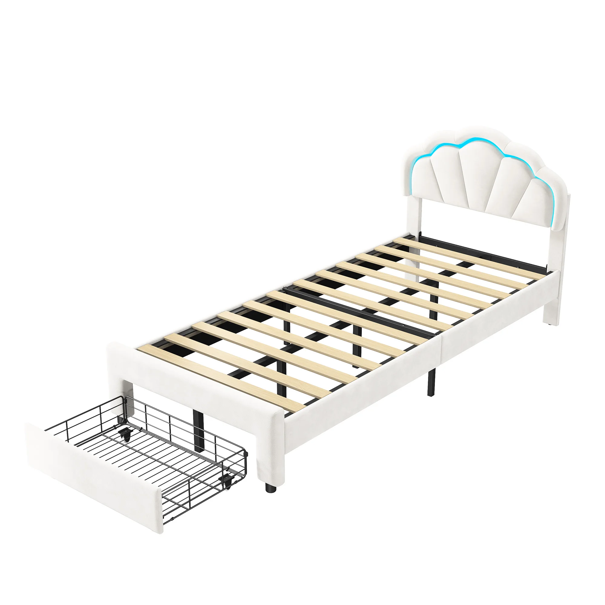 Comanlai-Cama infantil com forma de flor cabeceira, cama de solteiro estofada com luzes LED e gavetas, tecido de veludo, 90x200cm