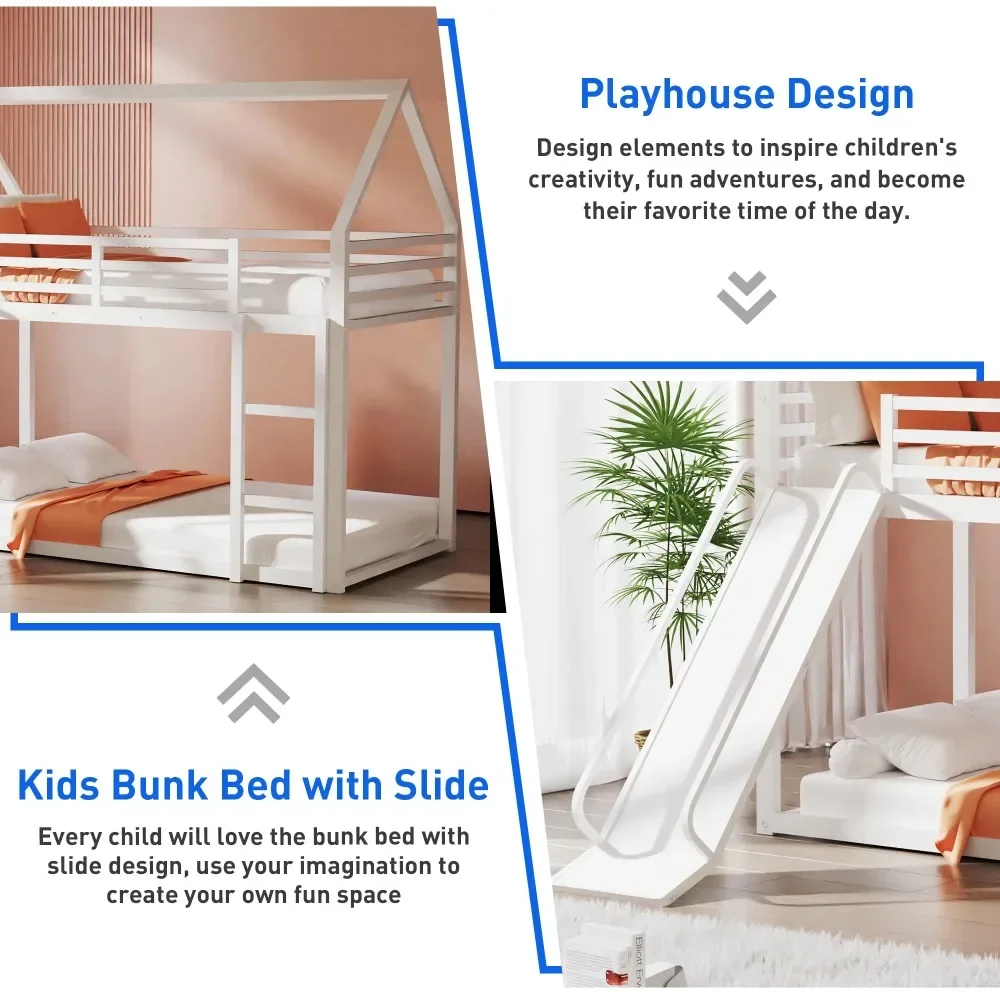 Twin Over Twin Metal Floor Bunk Bed with Slide, Metal Junior House Twins Size House Bunk Bed Frame with Ladder&Roof for Boy Girl