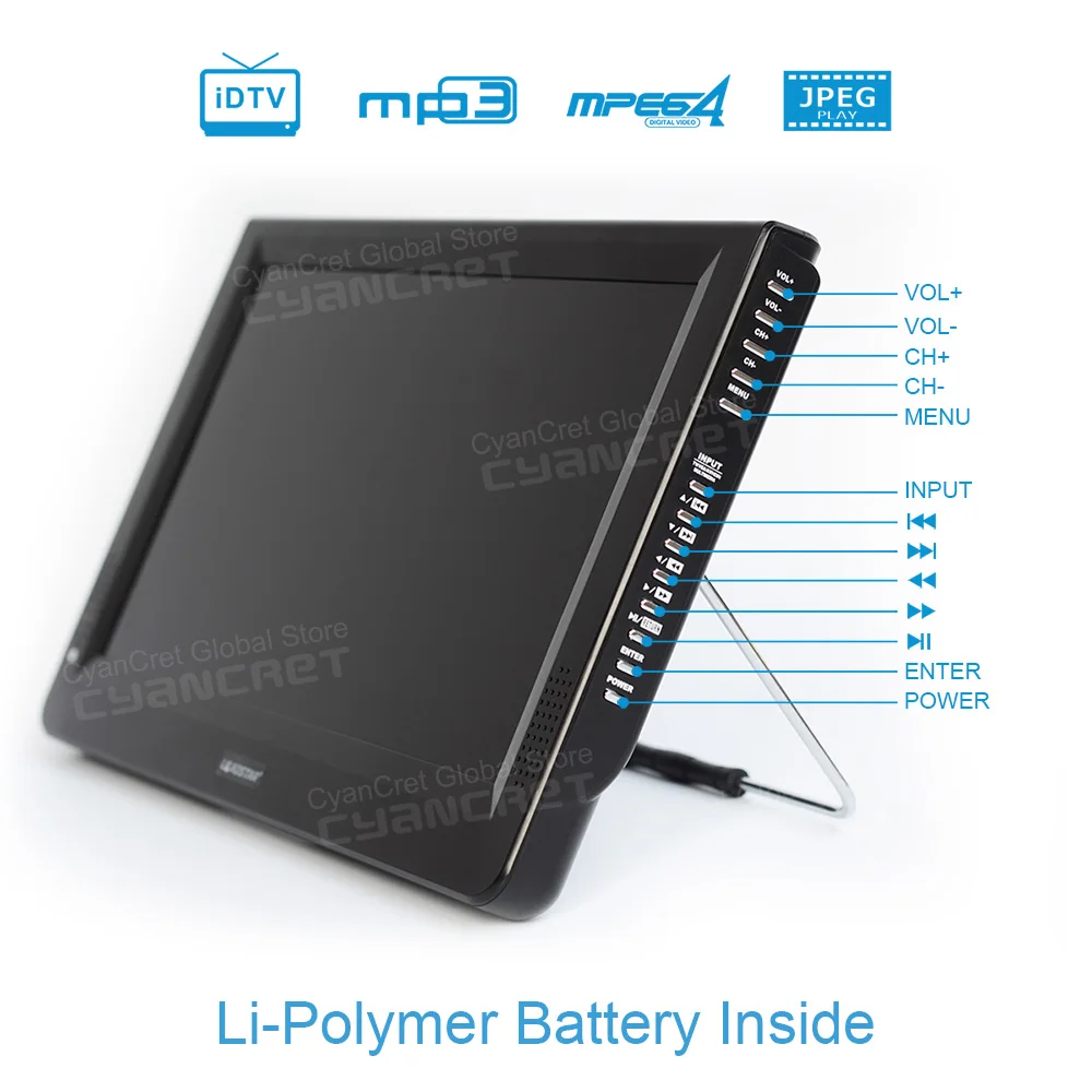 LEADSTAR D12 12 นิ้ว HD แบบพกพาทีวี DVB-T2 tdt DTT Digital และ Analog mini รถขนาดเล็กโทรทัศน์สนับสนุน USB SD Card MP4 AC3