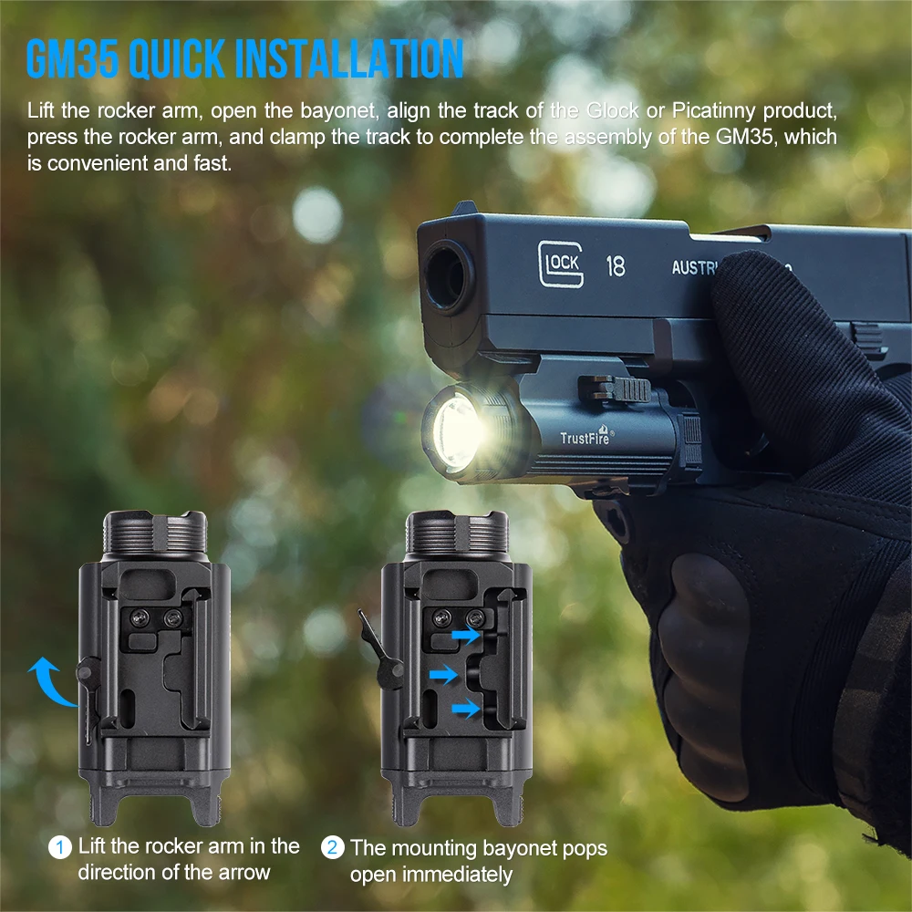 Trustfire GM35 linternas LED tácticas Mini luces de pistola 1350 lúmenes USB recargable pistola de liberación rápida 1913/GL Rail