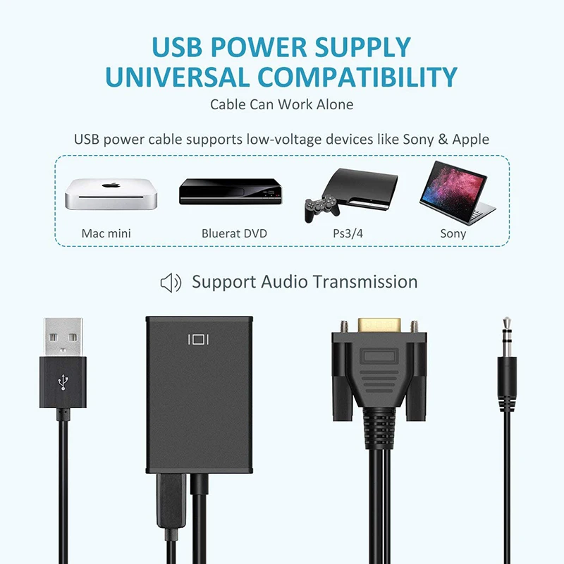 VGA TO HD Converter High-definition Audio Video Cable Adapter VGA Input HDMI-compatible Output for Computer Laptop TV Projector