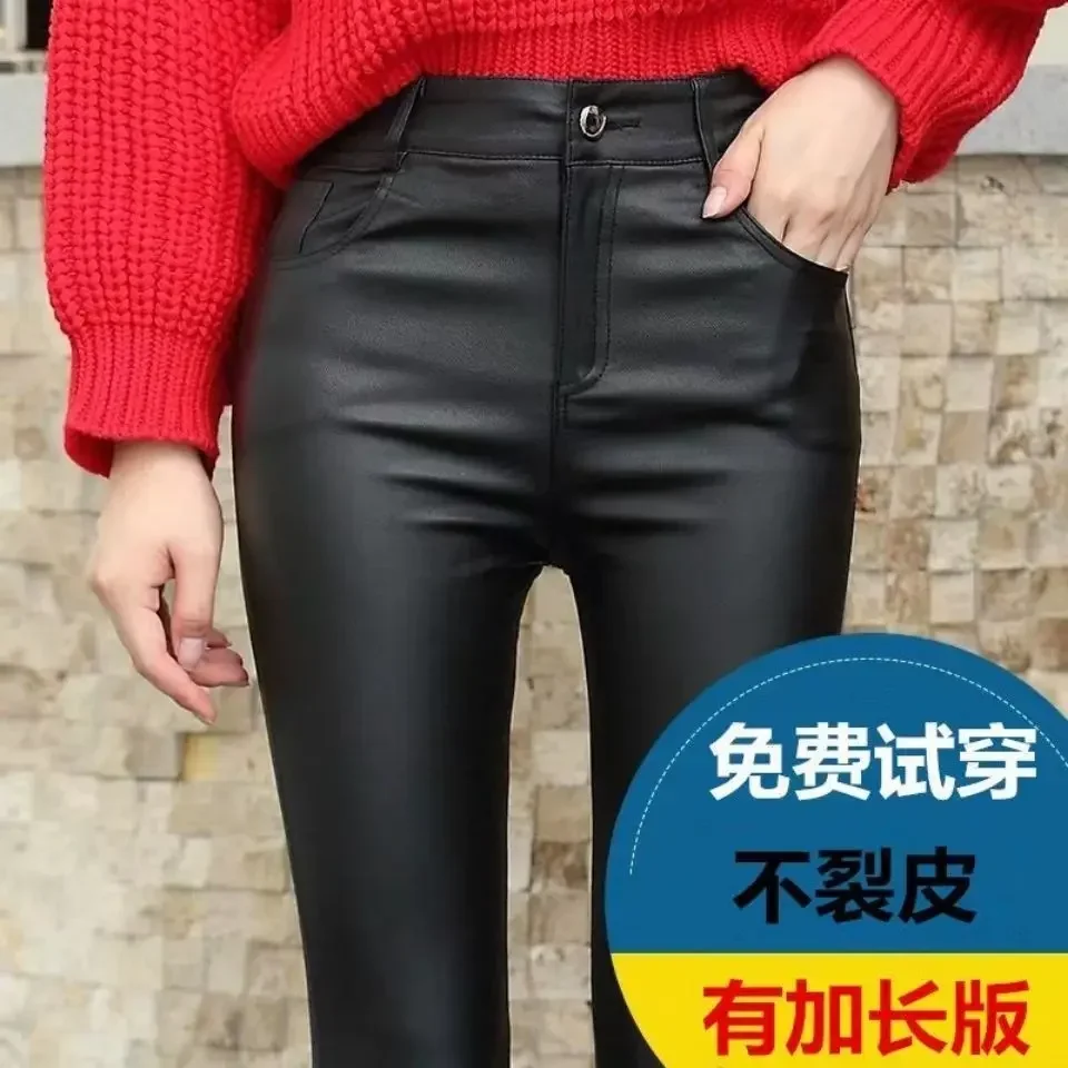 女性パンツレザーパンツ女性のハイウエストフィート冬黒カジュアルパンツ Pantalones De Mujer
